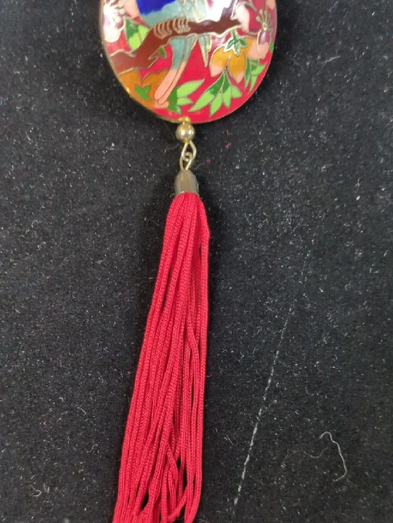 Red Puff Cloisenae Pendant Necklace with Tassel - Picture 6 of 6